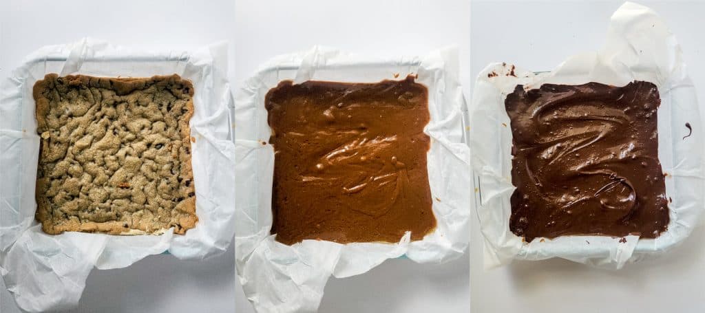 step-by-step of layering the twix bars - left to right: cooked cookie dough layer, caramel layer, chocolate layer