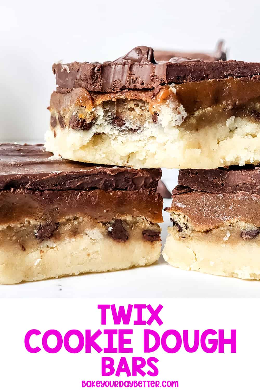 twix cookie dough bars (text overlay under stack of finished twix bars)