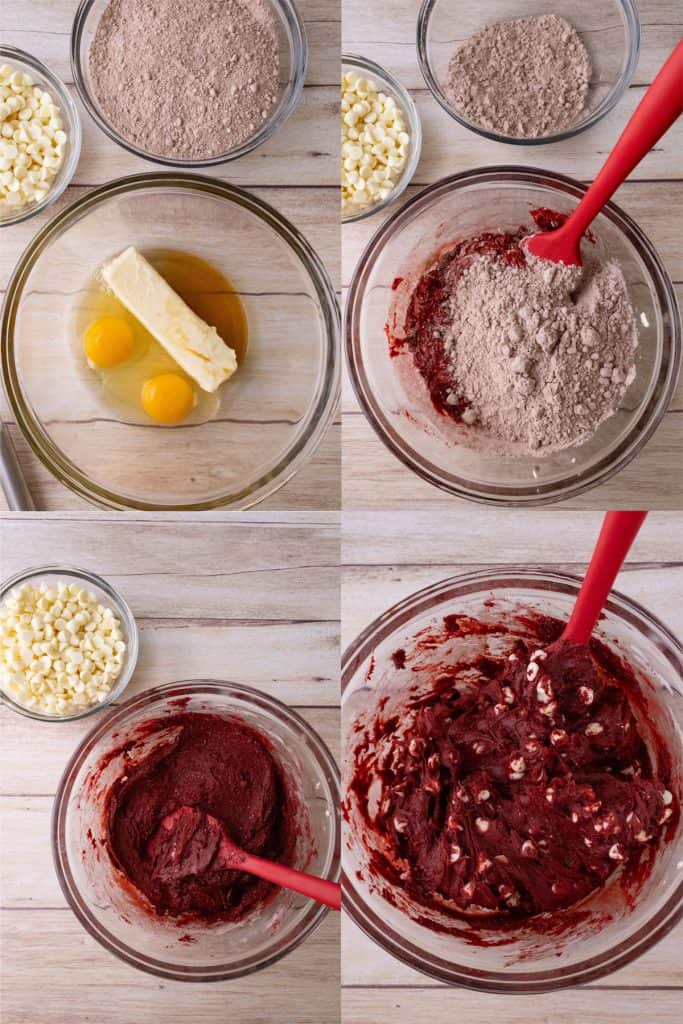 step by step pictures for making red velvet cake mix cookie bars. top left: butter and eggs in a bowl; top right: mixing in the red velvet cake mix; bottom left: all ingredients mixed together minus white chocolate chips; bottom right: all ingredients mixed in a bowl.
