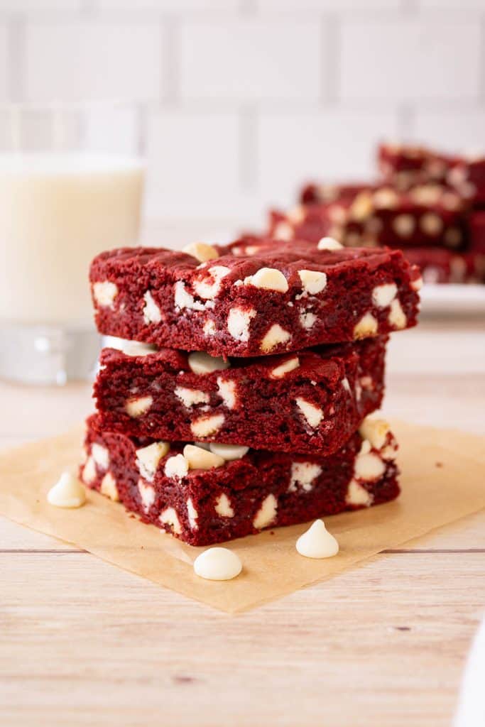 stack of finished red velvet cookie bars