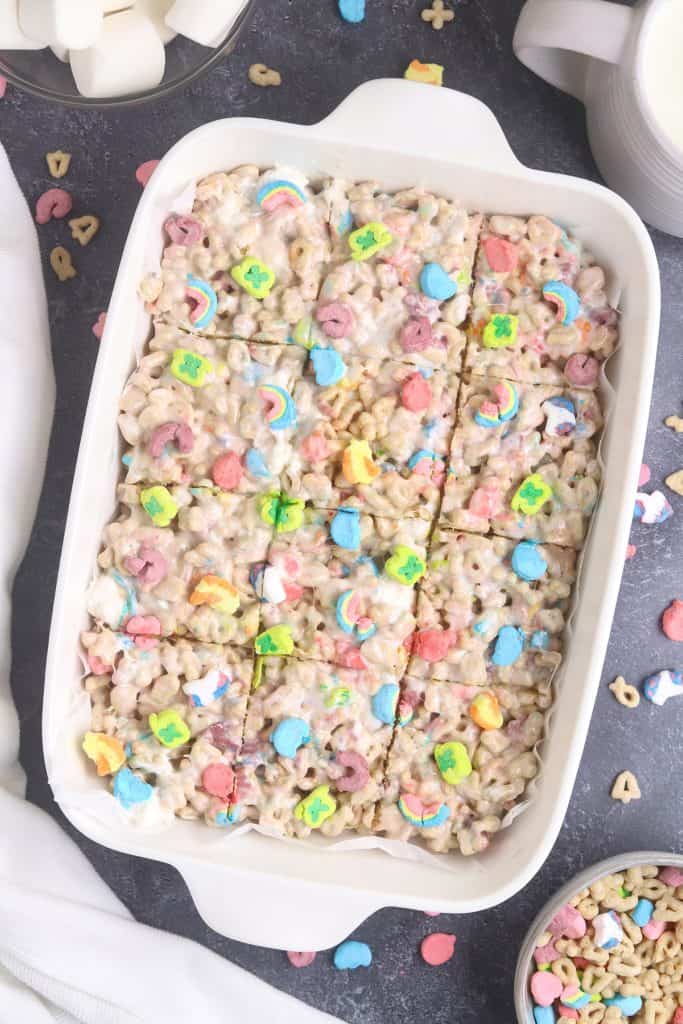 overhead shot of pan of cut lucky charms treats