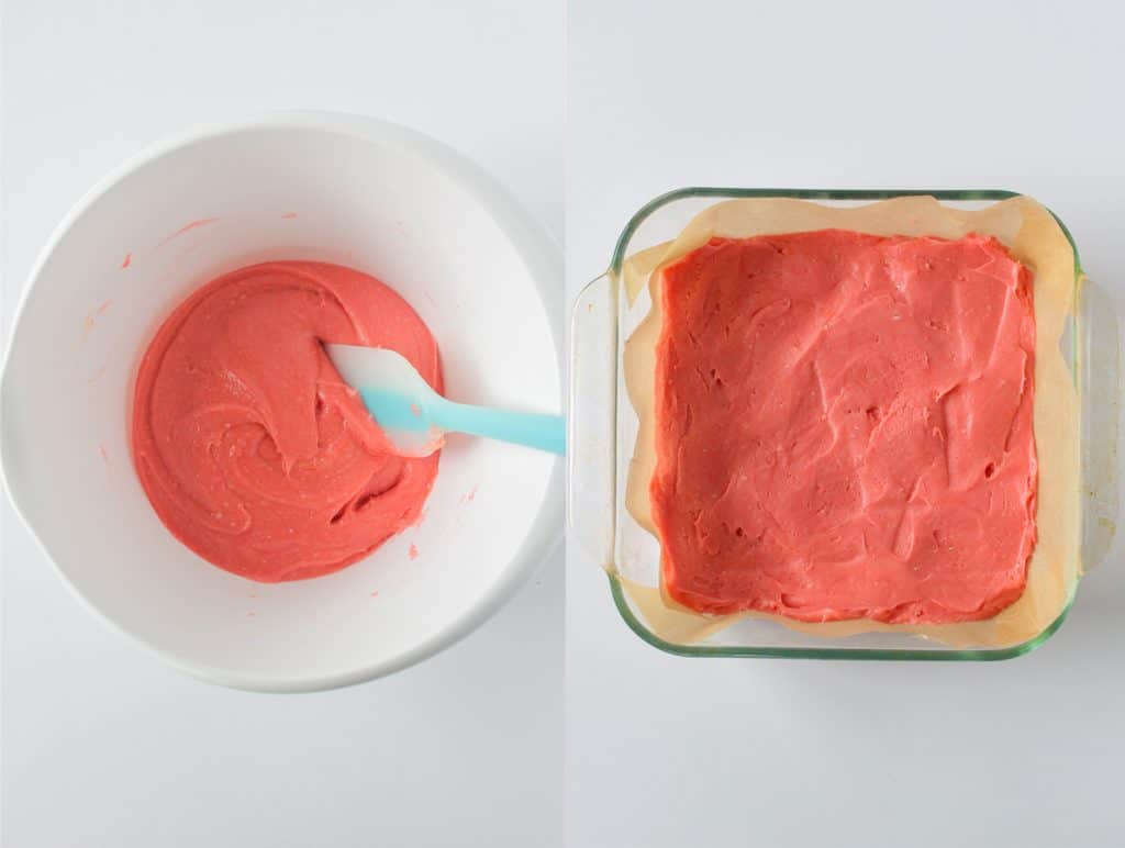 left: mixed batter in a bowl; right: batter pressed into baking dish