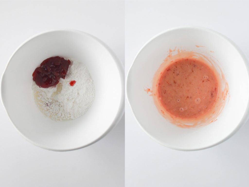 left: strawberry glaze ingredients in a bowl; right: bowl with fully mixed glaze