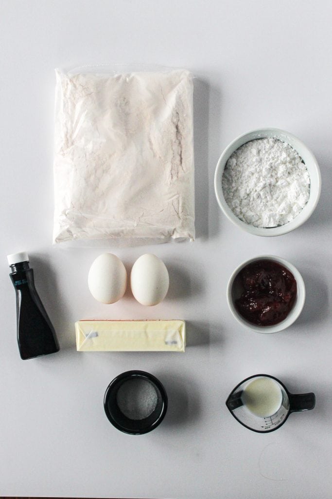 overhead shot of all of the ingredients needed to make strawberry brownies with cake mix