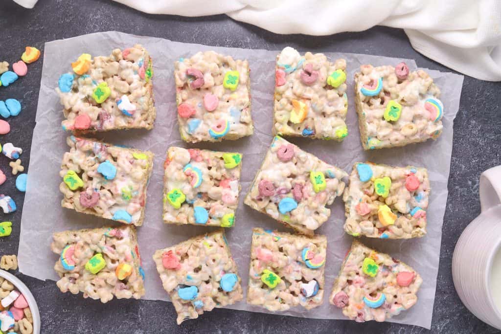 finished lucky charms marshmallow treats on parchment paper