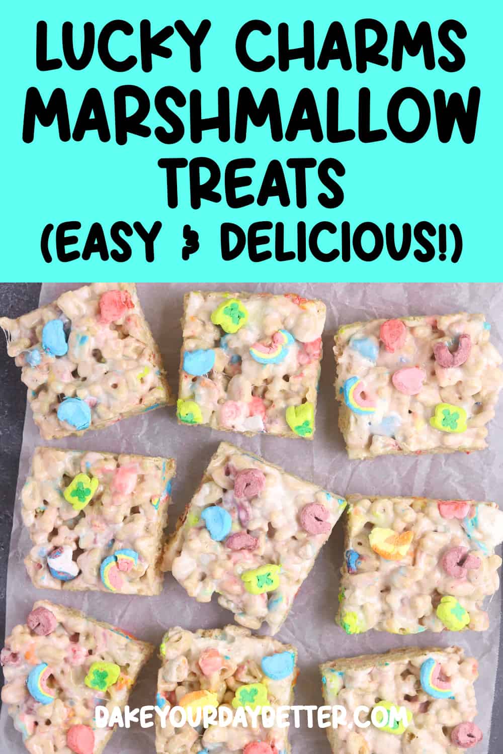 pinterest pin that says: lucky charms marshmallow treats (easy & delicious!) with picture of treats