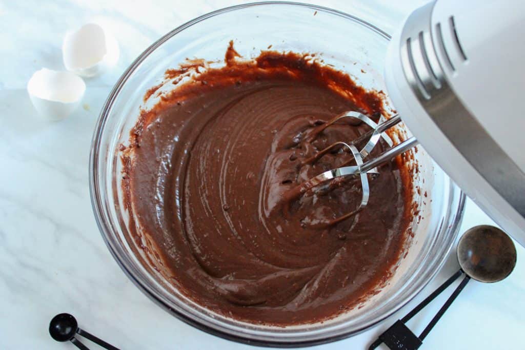 bowl of chocolate cupcake batter after being fully mixed