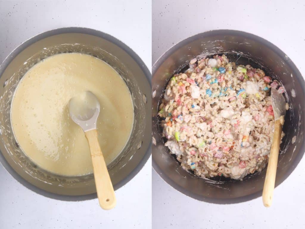 left: melted butter and marshmallows in a pan. right: mixing the lucky charms cereal into the melted butter and marshmallow mixture.