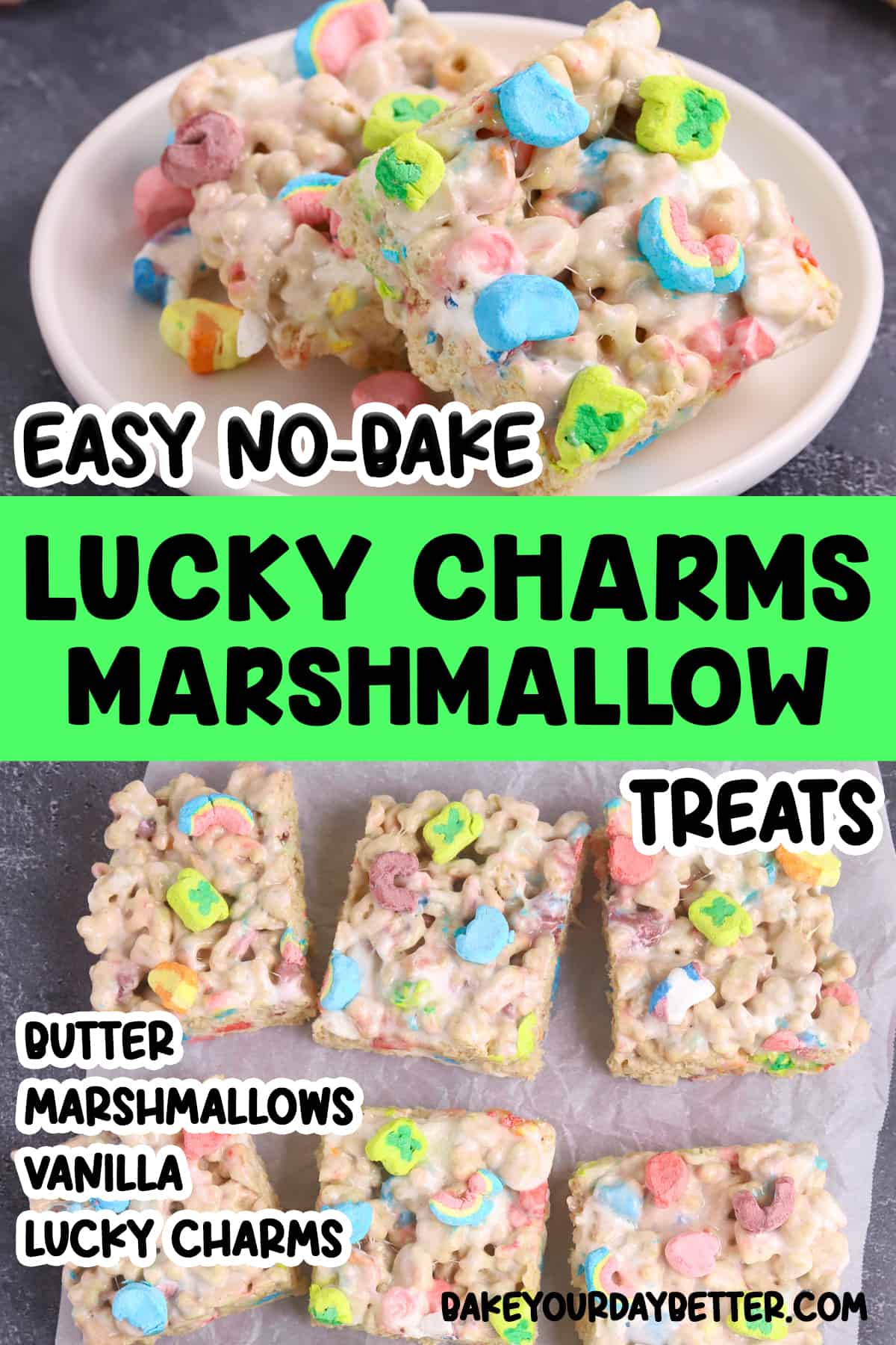 easy no-bake lucky charms marshmallow treats ingredients list, text overlay on pictures of finished treats