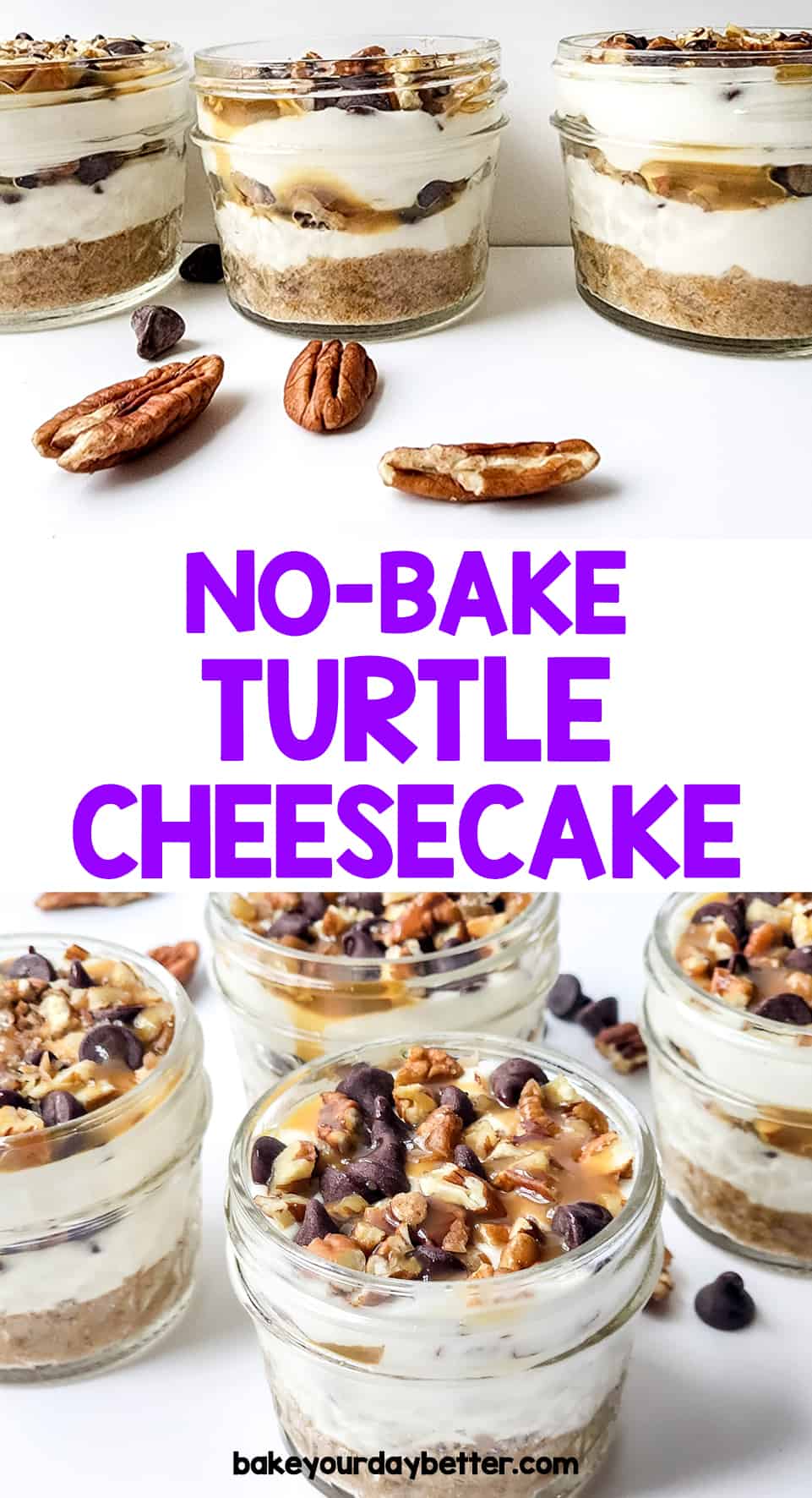 no-bake turtle cheesecake in individual jars