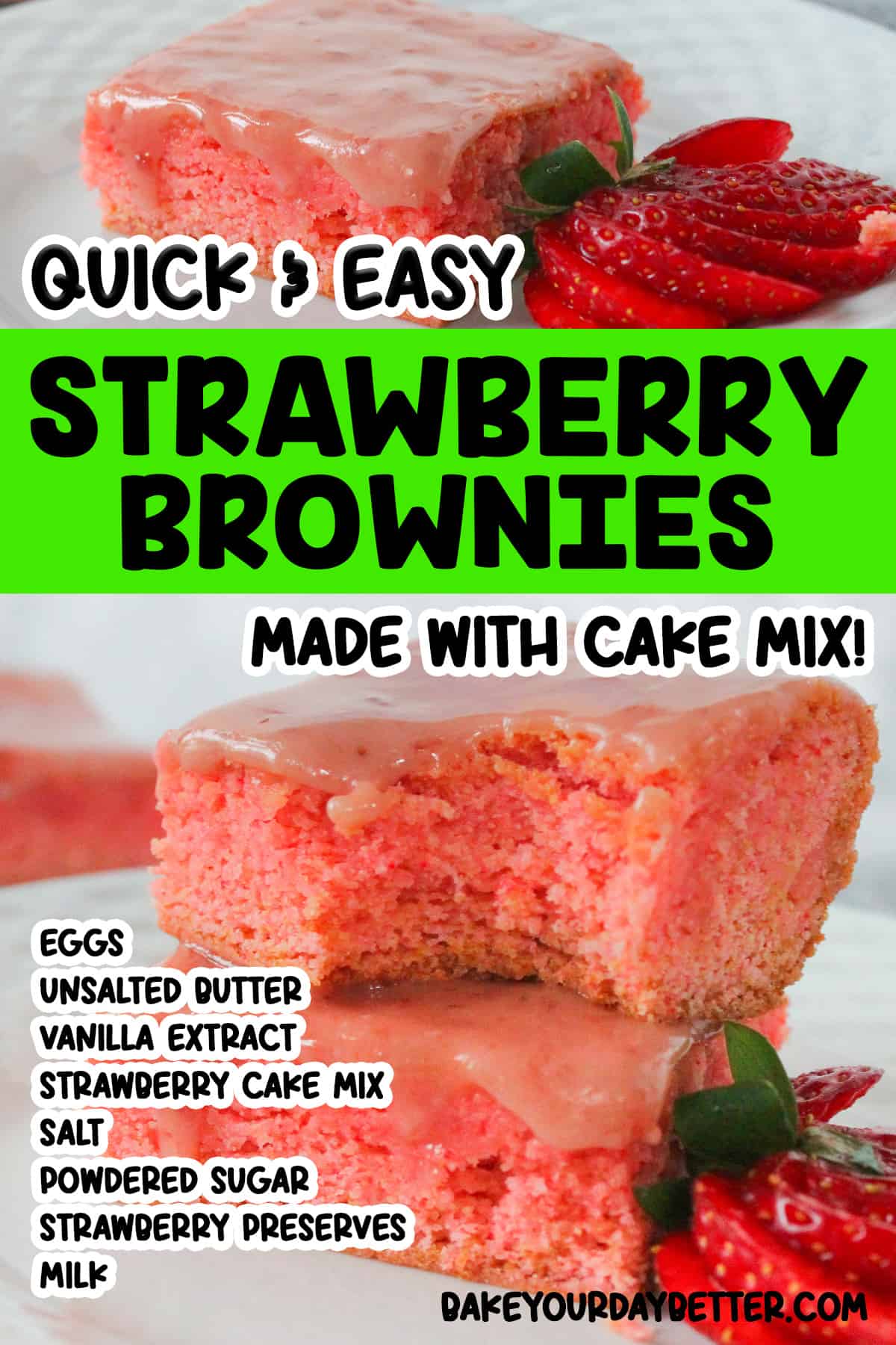 pictures of cake mix strawberry brownies with text overlay of ingredients