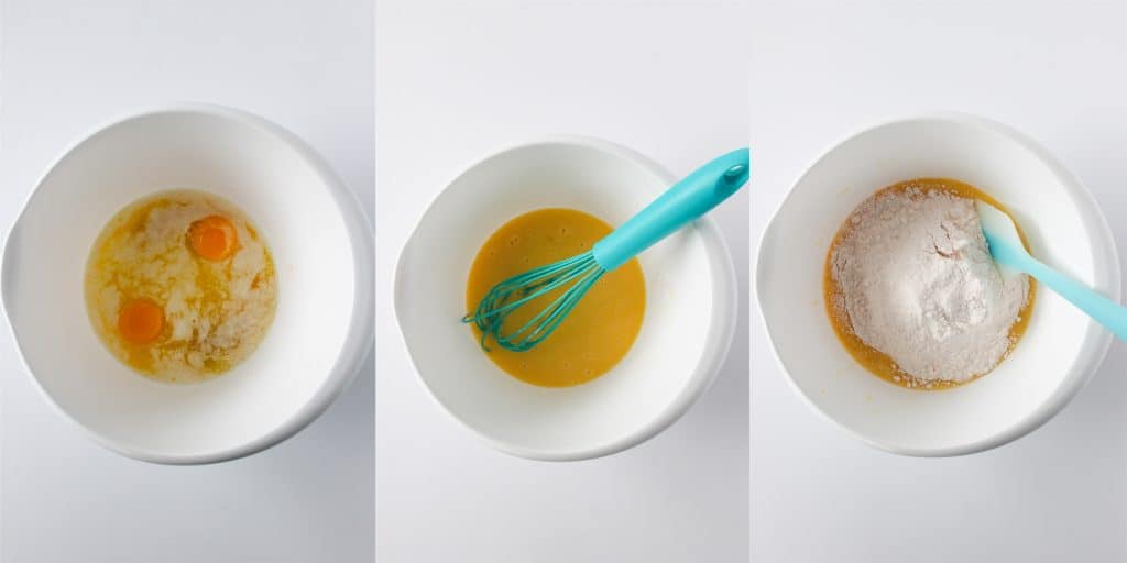 left: eggs, butter, and vanilla in a bowl; center: ingredients whisked together; right: cake mix added to ingredients