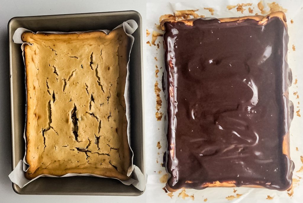 left: baked cheesecake after being removed from the oven; right: cheesecake covered with chocolate ganache