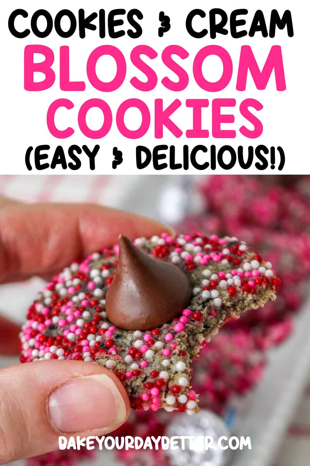 cookies and cream blossom cookie with text overlay that says: cookies and cream blossom cookies (easy and delicious!)
