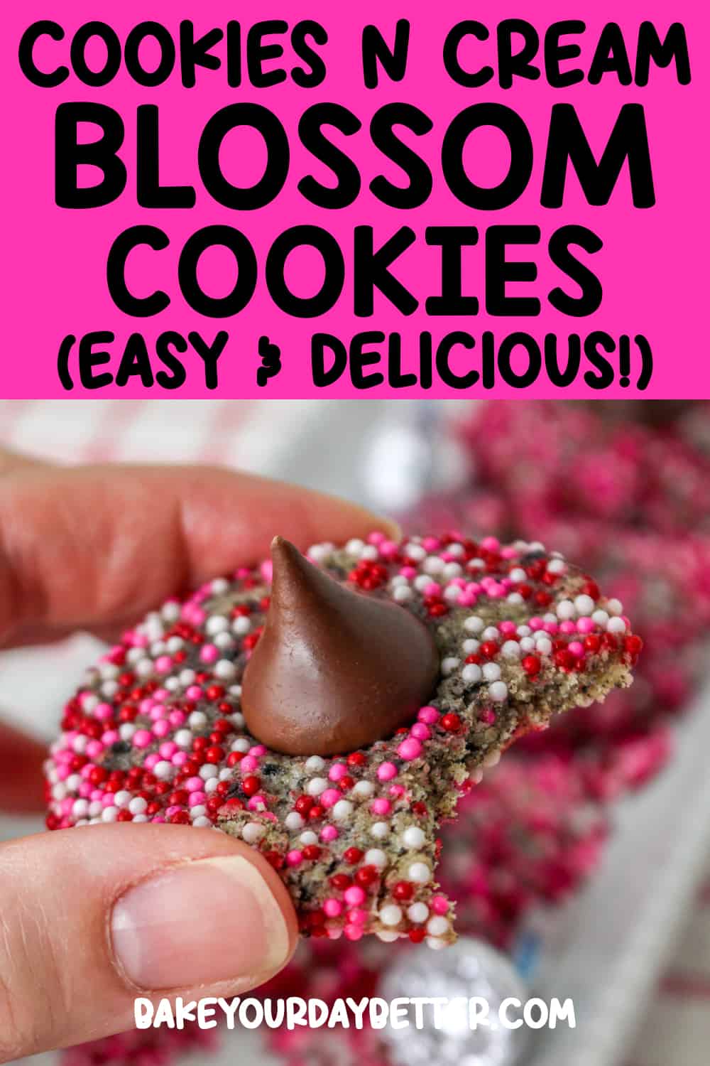picture of hand holding blossom cookie with text overlay that says: cookies n cream blossom cookies (easy and delicious!)