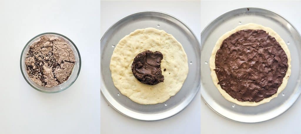 left to right: chocolate cake mix in a bowl, chocolate cake mixture in the center of cooked dough layer, chocolate cake mixture pressed into the dough layer