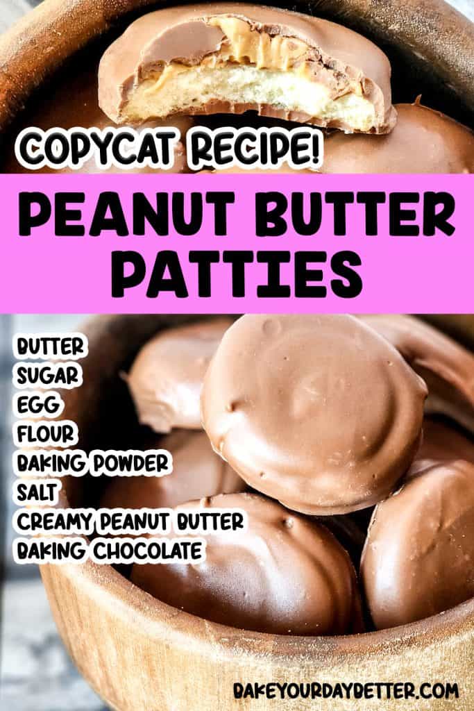 pictures of peanut butter patties cookies with overlay text of ingredients