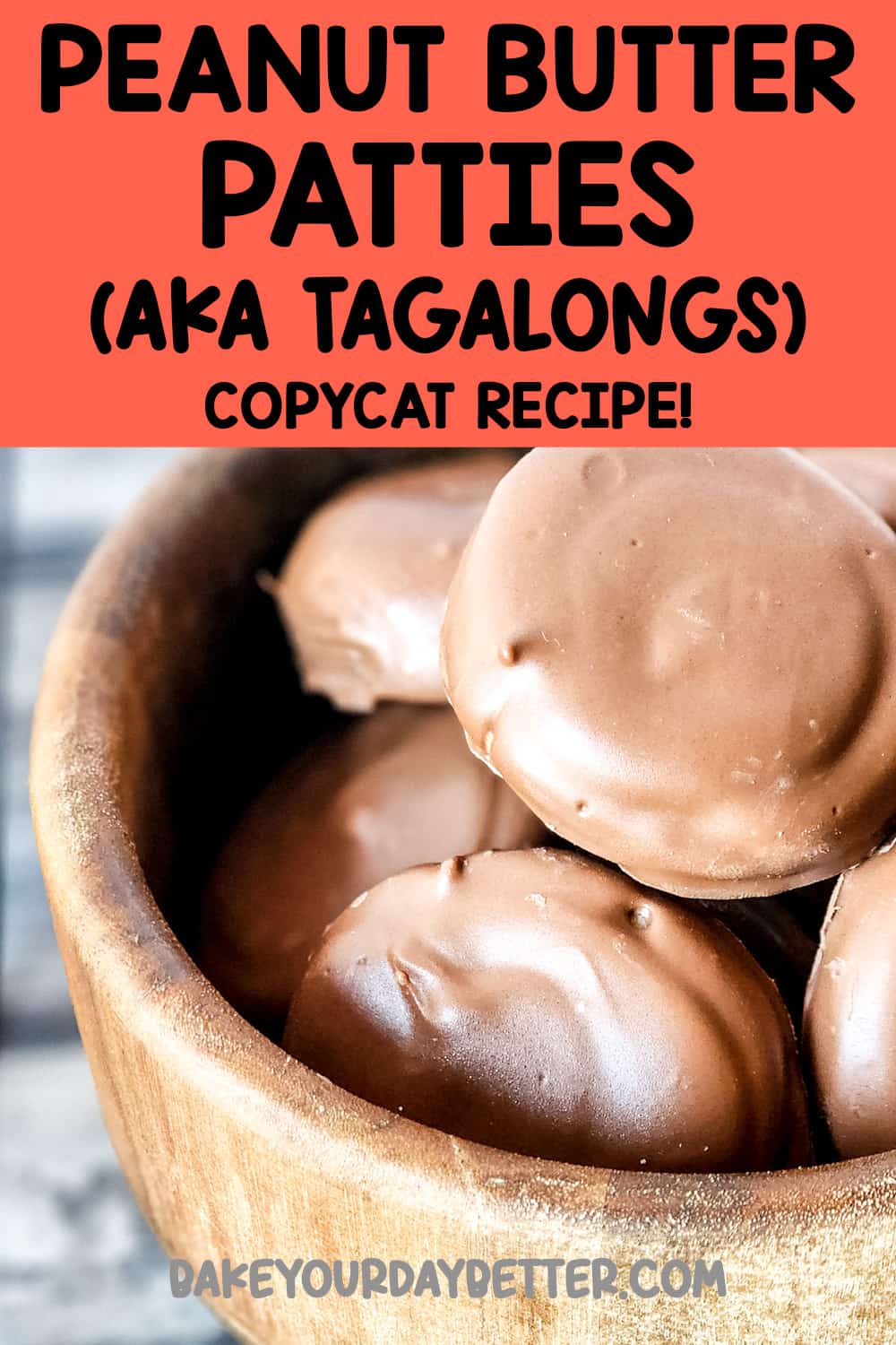 peanut butter patties in a bowl with text overlay that says: peanut butter patties (aka tagalongs) copycat recipe!