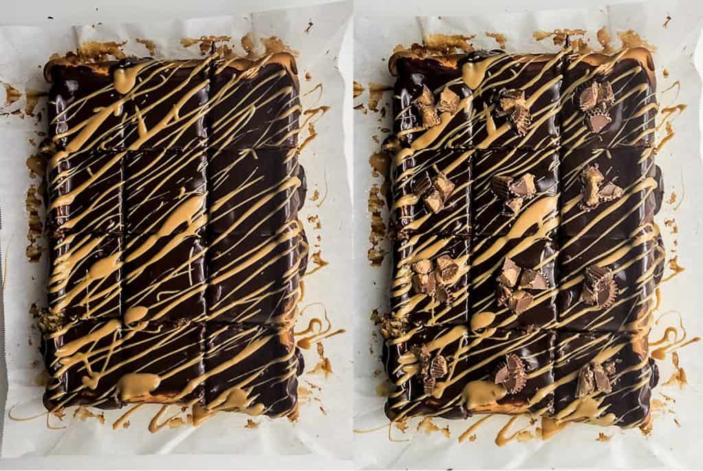 left: cut bars covered with peanut butter drizzle; right: cut bars with peanut butter cups on top