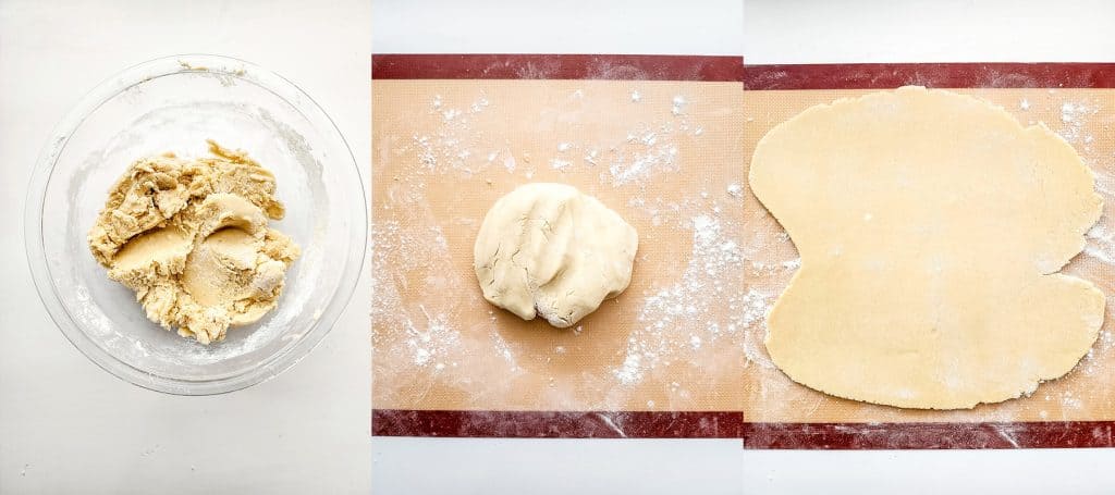 left: shortbread dough in bowl; center: shortbread after removing from freezer; right: shortbread rolled into thin layer