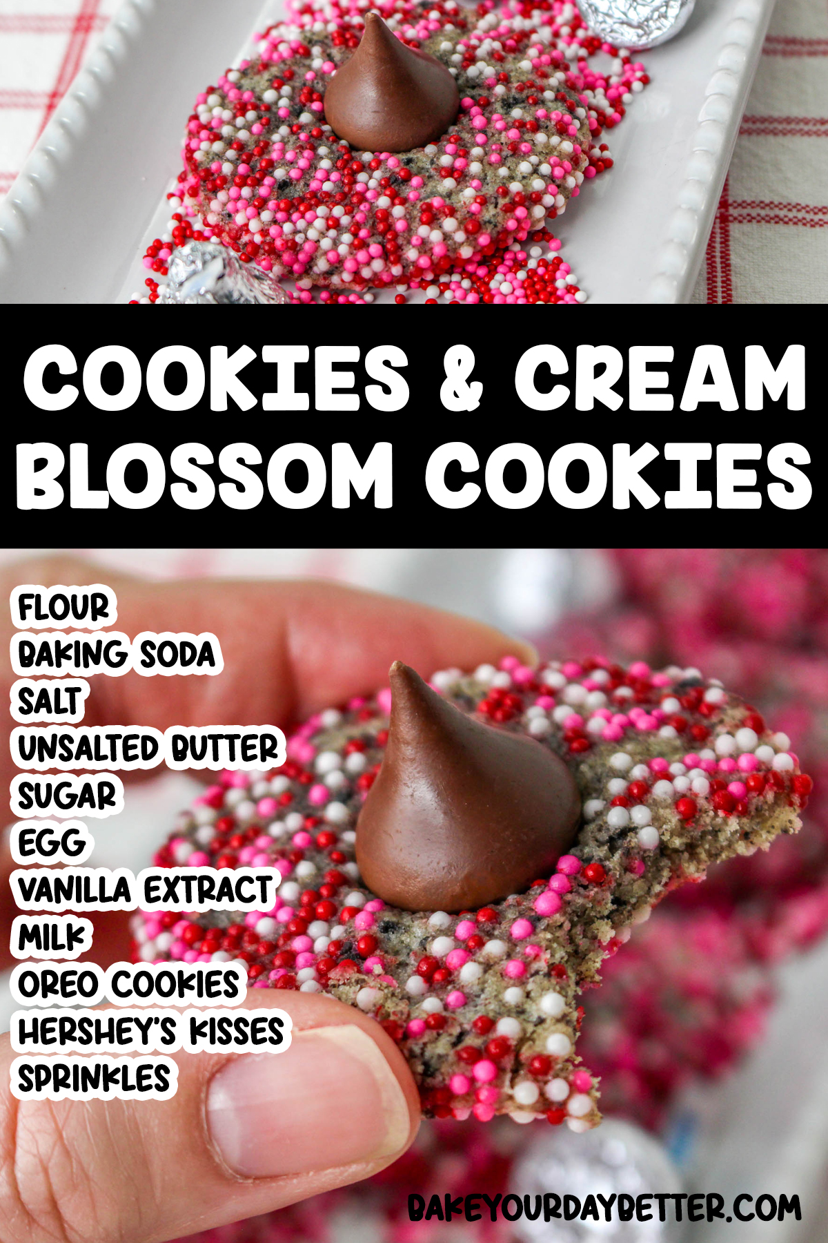 pictures of blossom cookies with pink and white sprinkles and text overlay of ingredients list