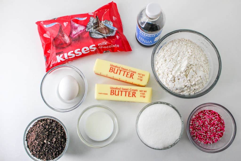 overhead shot of all ingredients needed for cookies and cream blossom cookies recipe