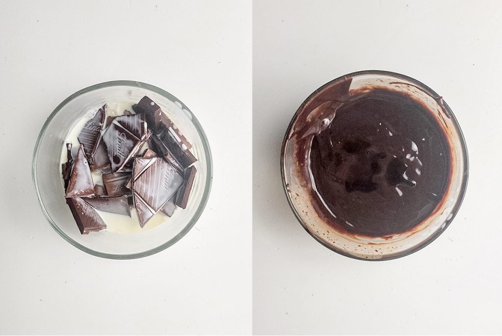 left: chocolate ganache ingredients in a bowl; right: melted and blended ganache in a bowl