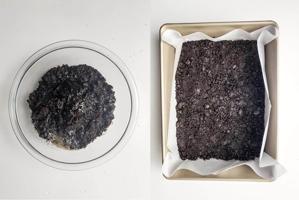 left: oreo crumbs and butter in a bowl; right: oreo layer in the bottom of a parchment lined baking dish