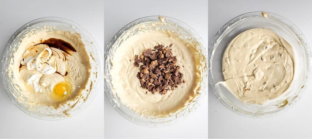 left: vanilla, egg, and sour cream added to peanut butter cream cheese mixture; center: peanut butter cups added to mixture; right: finished cheesecake mixture ready to put into baking dish