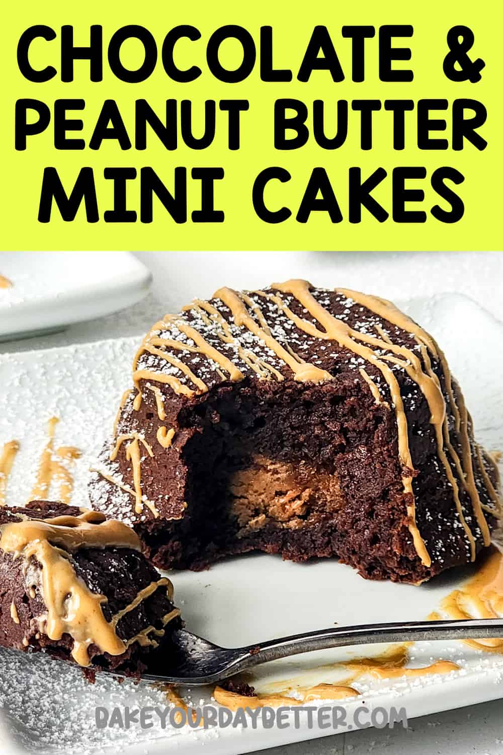 picture of mini cake with text overlay that says: chocolate and peanut butter mini cakes