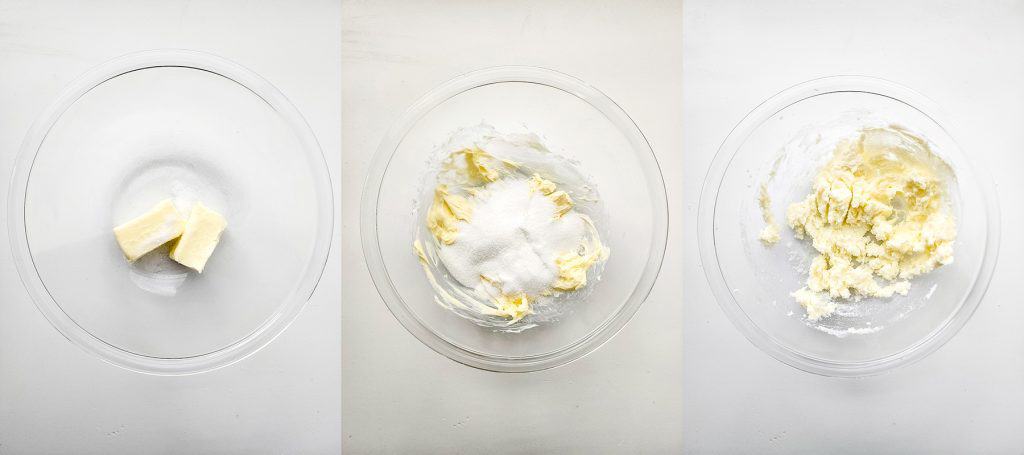 left: butter in a bowl; center: butter and sugar in a bowl; right: creamed butter and sugar
