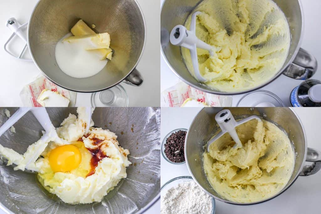top left: butter and sugar in a bowl; top right: creamed butter and sugar; bottom left: egg and vanilla added to butter mixture; bottom right: egg mixed into butter mixture