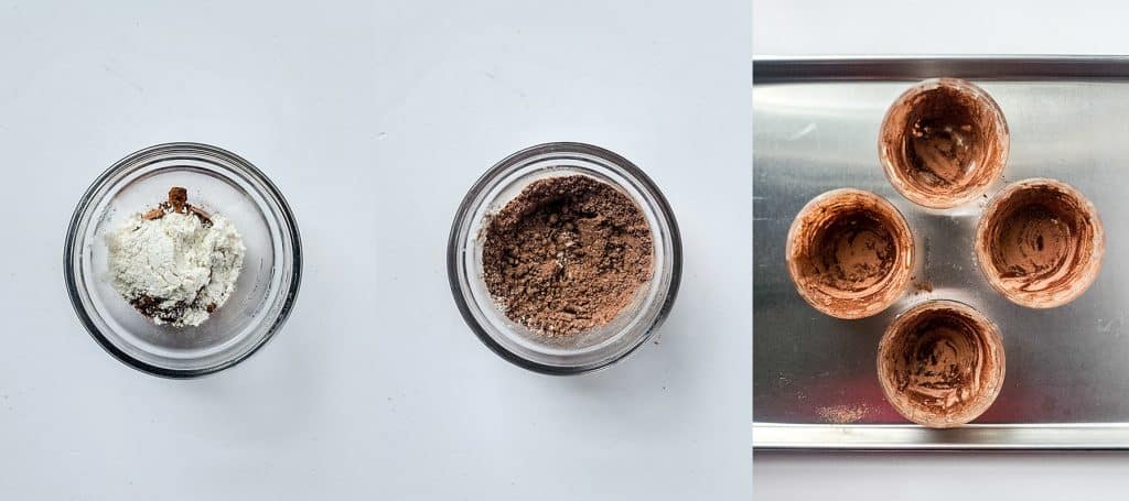 left: flour and cocoa powder in a bowl; center: flour and cocoa powder mixture; right: coated ramekins