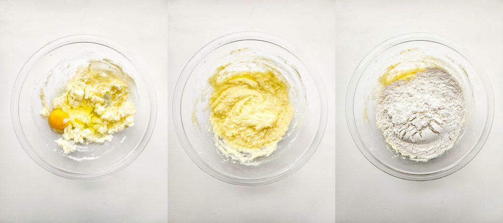 left: creamed butter and egg in a bowl; middle: egg mixed with creamed butter; right: flour, salt, and baking powder on top of butter mixture.
