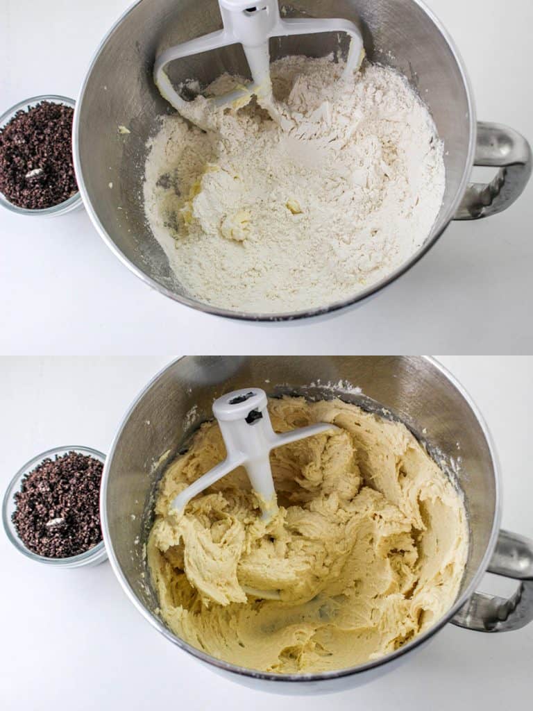 top: flour added to egg and butter mixture; bottom: flour fully mixed into batter