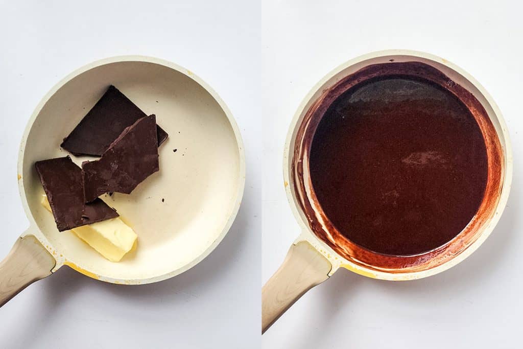 left: chocolate and butter in a sauce pan; right: fully melted and combined butter and chocolate mixture