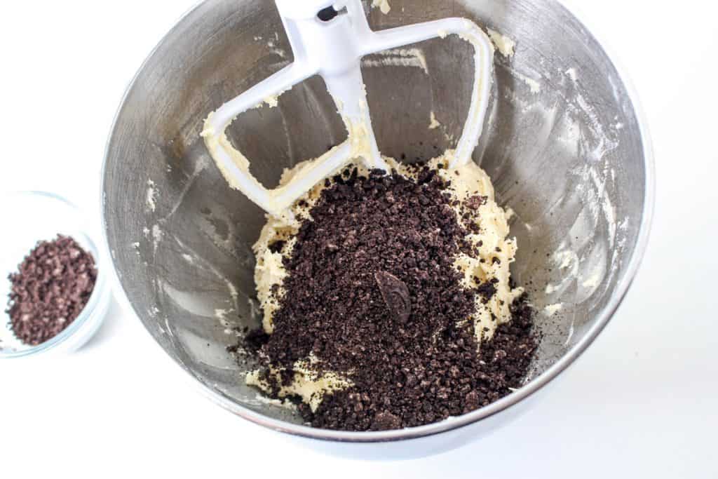 crushed oreos added to cookie batter