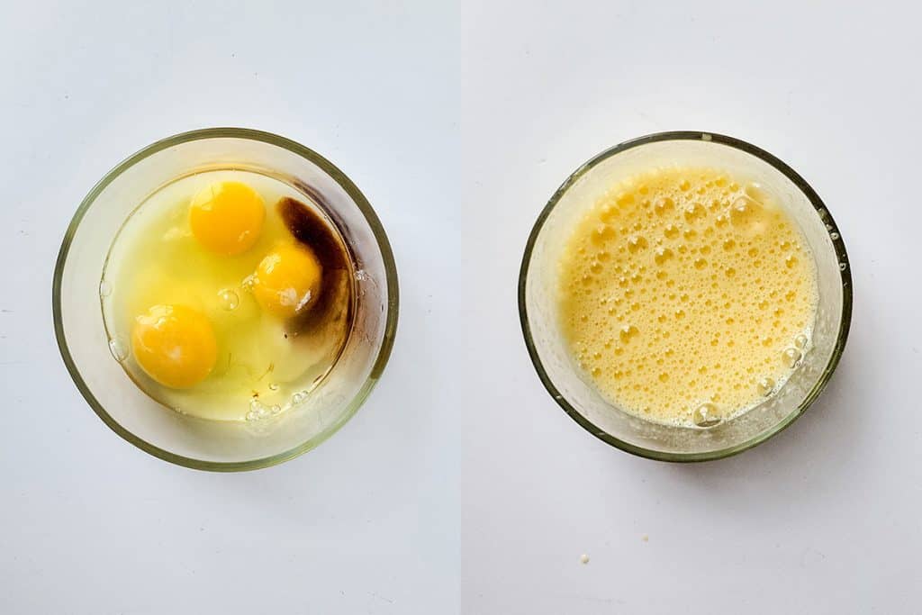 left: eggs, sugar, and vanilla in a bowl; right: eggs, sugar, and vanilla fully mixed