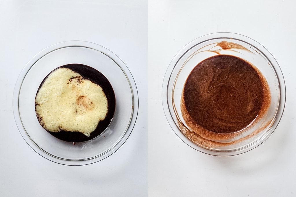 left: butter and chocolate mixture in egg mixture; right: butter, chocolate, and egg mixture fully mixed