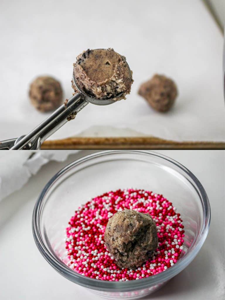 top: cookie dough in a scoop; bottom: cookie dough ball in bowl of sprinkles