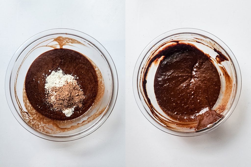 left: flour and cocoa added to chocolate mixture; right: fully combined flour, cocoa, and chocolate mixture