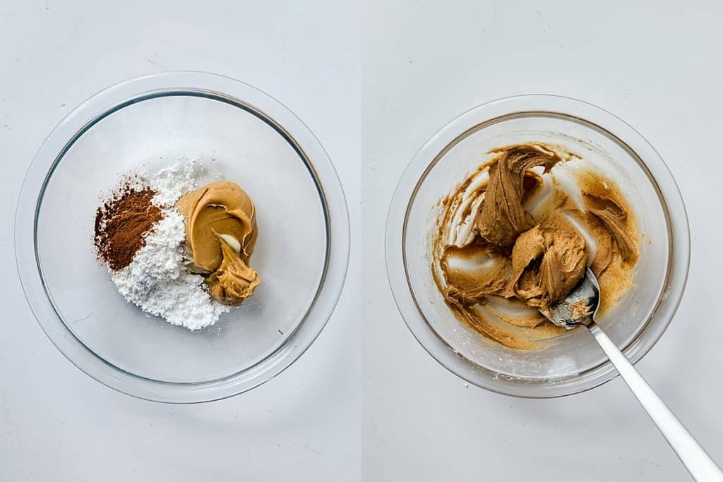 left: peanut butter, powdered sugar, butter, and cinnamon in a bowl; right: peanut butter mixture fully mixed