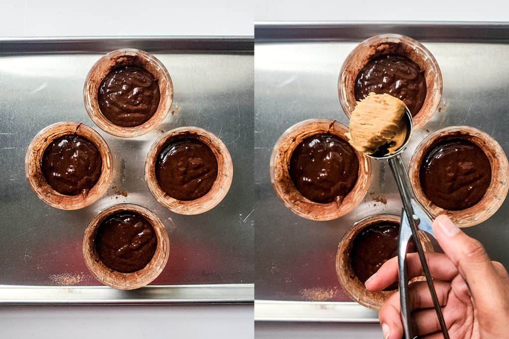 left: ramekins with chocolate batter; right: scooping one scoop of peanut butter into each ramekin