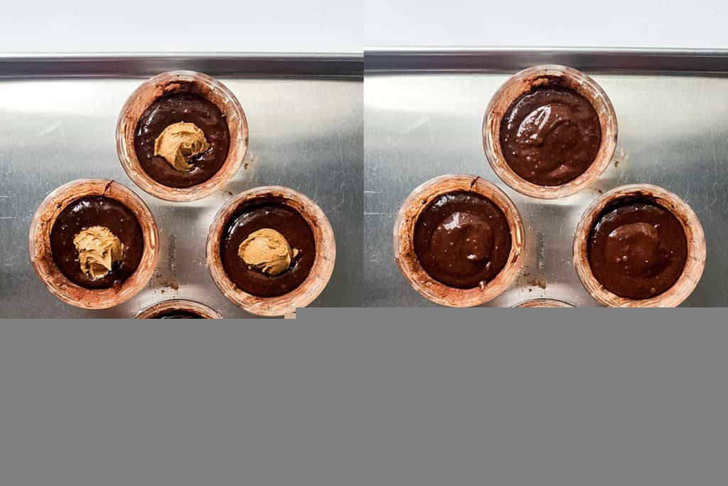 left: ramekins with chocolate and peanut butter; right: peanut butter mixture covered with chocolate batter