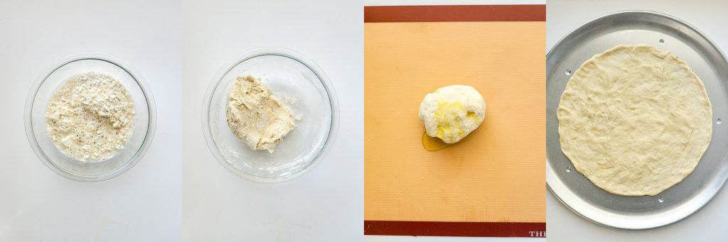 left to right: pizza crust mix in a bowl, pizza crust mixed with water, pizza crust and olive oil, pizza crust pressed into a pizza pan