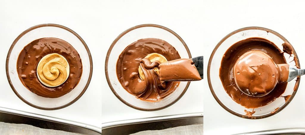 left: cookie placed in bowl of melted chocolate; center: covering cookie with chocolate; right: remove fully covered cookie with a fork.