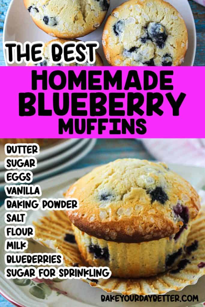 pictures of blueberry muffins with text overlay of ingredients list