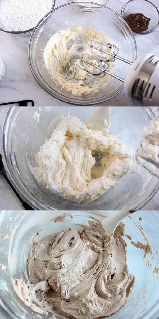 top: creamed butter in a bowl; center: creamed butter and sugar mixed in a bowl; bottom: buttercream mixed with nutella