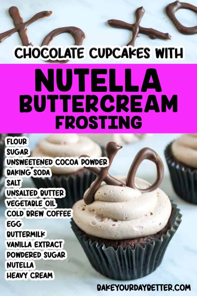 pictures of chocolate cupcakes with nutella frosting and text overlay of ingredients list