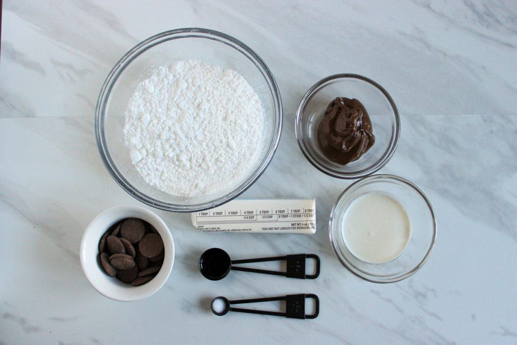 overhead shot of nutella buttercream frosting ingredients